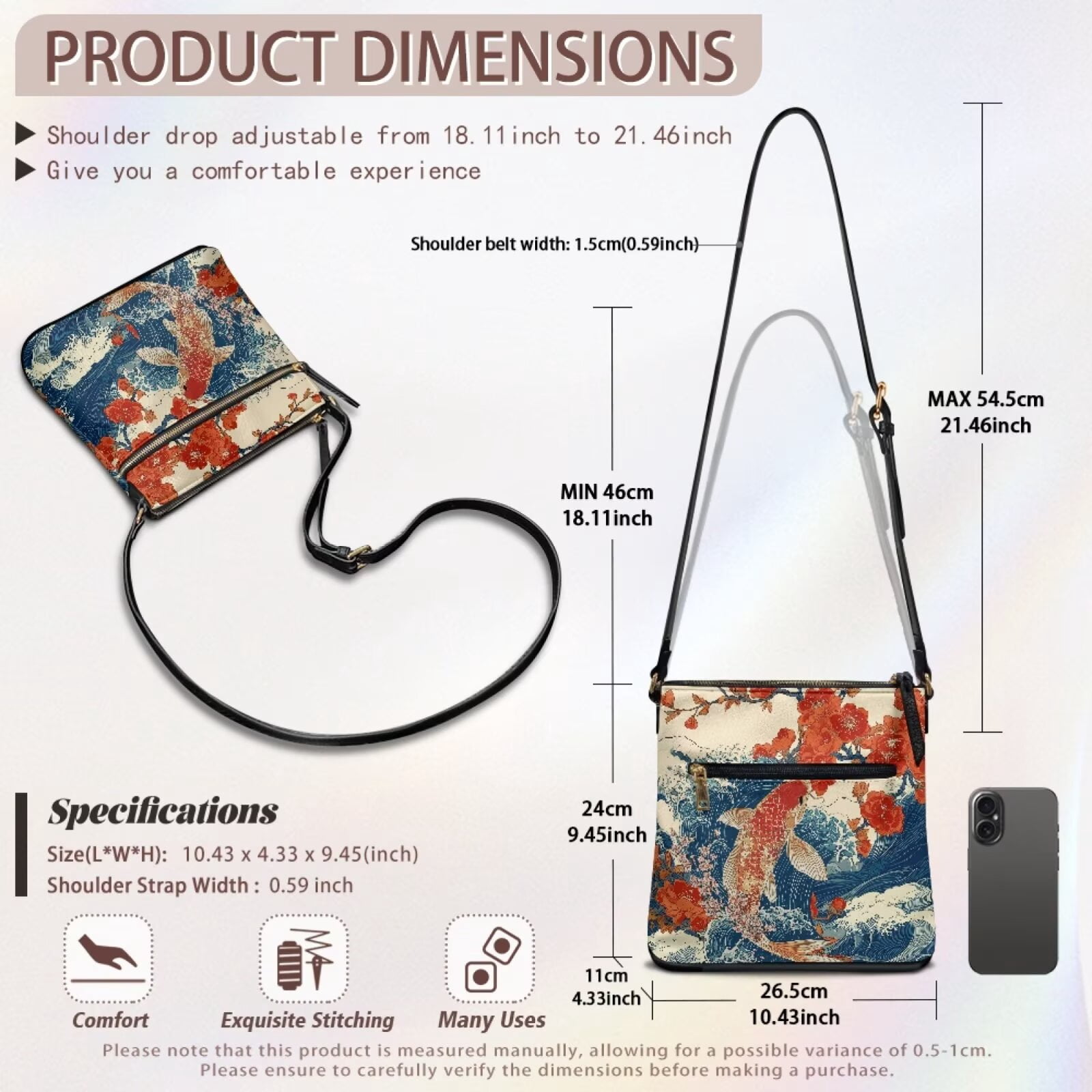 DISNIMO Koi Fish Print Messenger-Bag Plum Blossom Print Crossbody Handbag Purse with Multi-Pockets Fashion Leather Hobo Handbags with Adjustable Strap