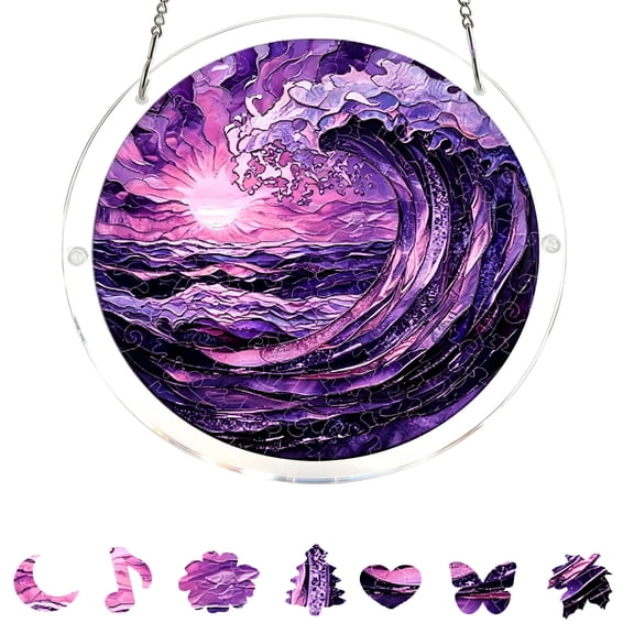 Anhility Acrylic Stained Glass Suncatcher Puzzle, 7.48" Ocean Wave Window Hanging Decor, Stormy Sea Panel for Beach House, Coastal Bathroom & Surfer Gifts