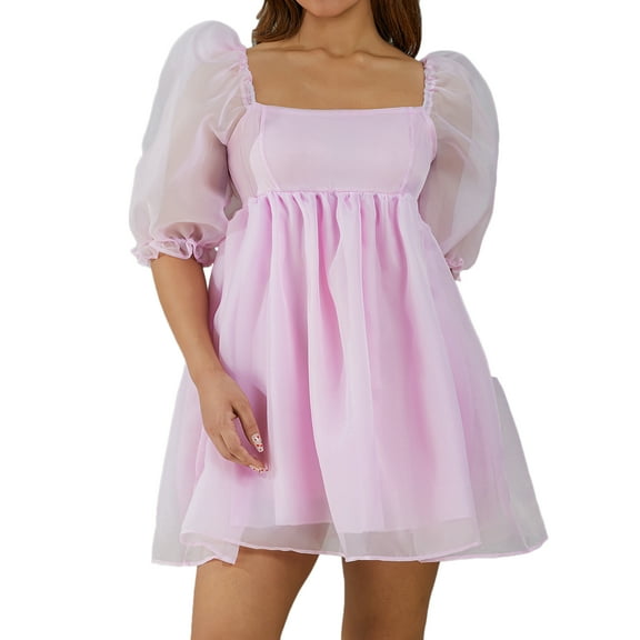 Women's Off Shoulder Puffy Sleeve Mini Dress Tulle Princess Dress Ruffle Mesh Wedding Evening Party Prom Mini Dress