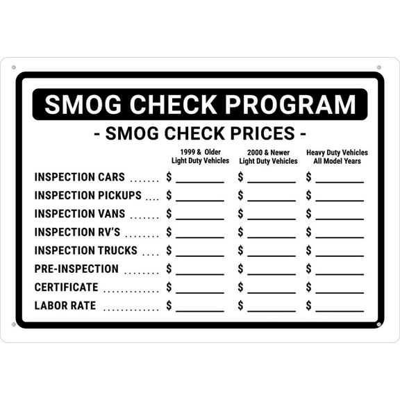 Smog Check Program Prices Older Newer Light Heavy Duty Models Sign Signs Outdoor, Uv Printed Aluminum 12 X 8 In, Weatherproof And Security Signs For Home Or Business