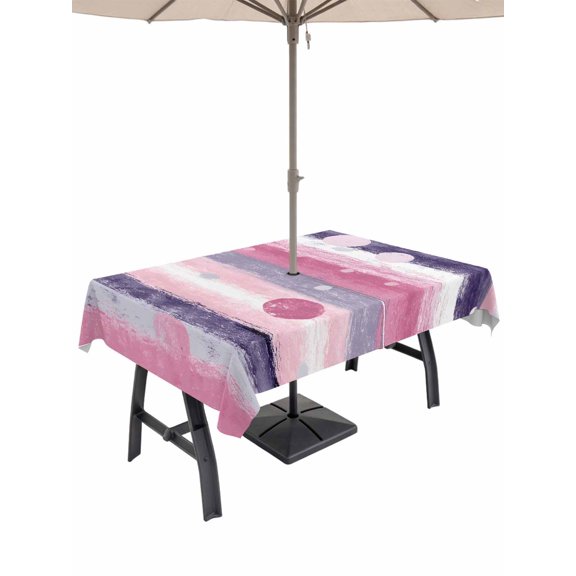 Outdoor Tablecloth with Umbrella Hole for Patio/Picnic/Party/Camping, Purple Grey Ombre Waterproof Table Cloth Rectangle Table Cover Washable, Abstract Art Modern Polka Dot Striped (54"x 80")