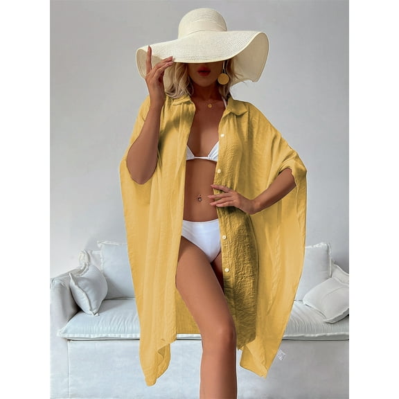 LEZMORE Women's Swimsuit Beach Cover Up Shirt Bikini Beachwear Bathing Suit Beach Dress Kimono Cardigan Shirt Coverup with Button Yellow