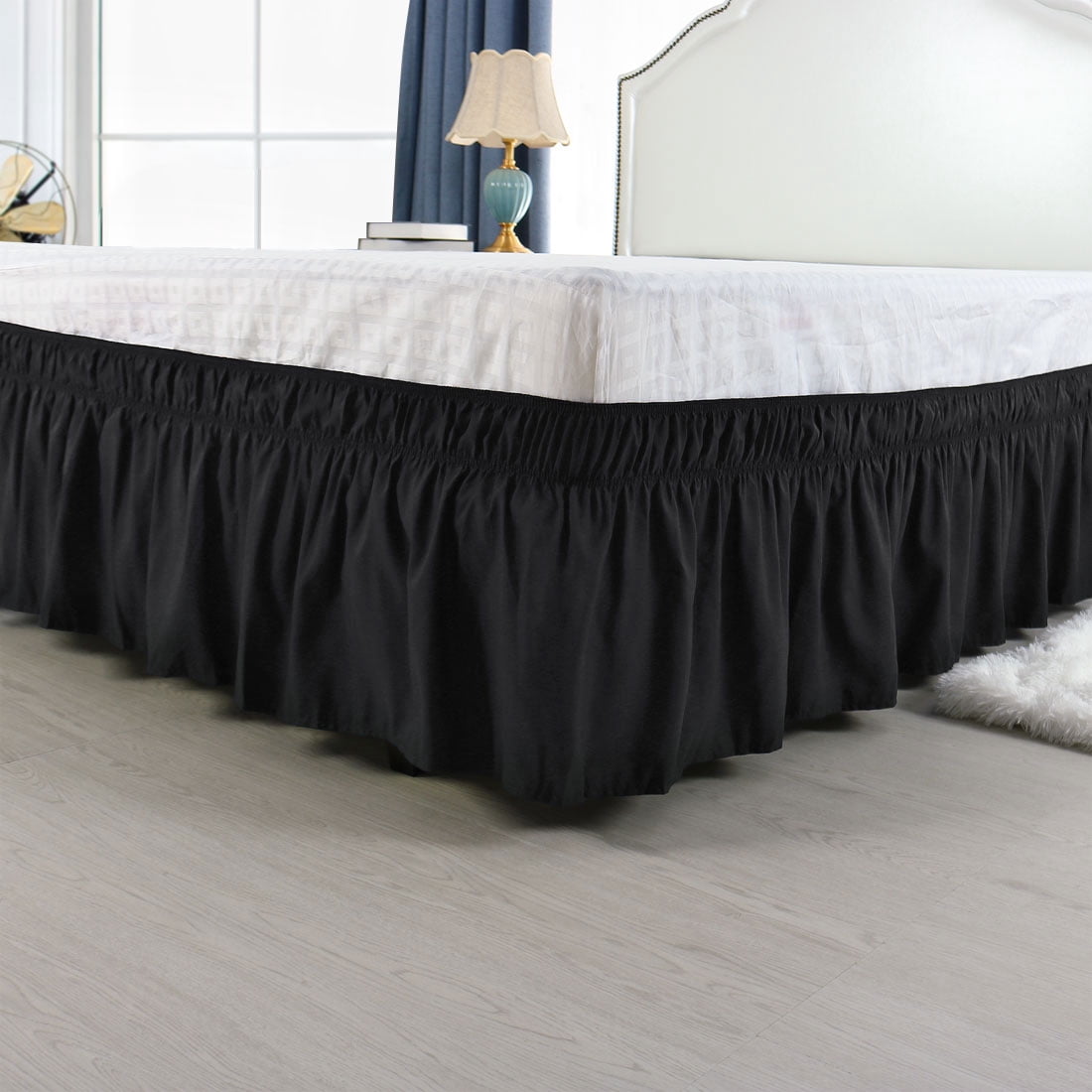 Unique Bargains Elastic Dust Ruffled Bed Skirt with 15" Drop Queen Black