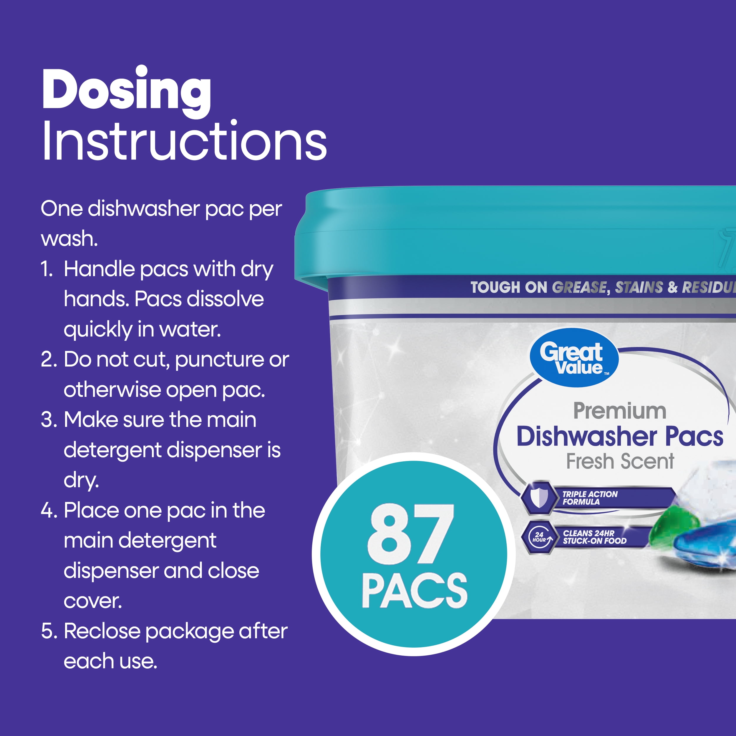 Great Value Premium Dishwasher Pacs, Fresh Scent, 87 Count