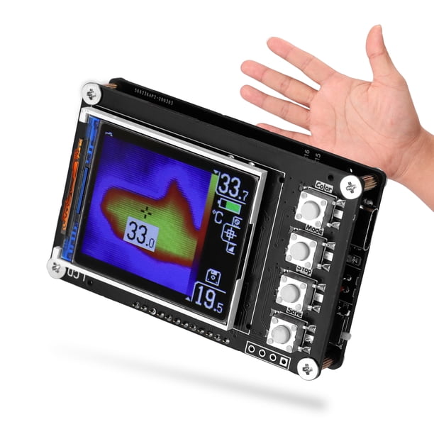 Detector térmico portátil con sensor AMG8833, pantalla TFT de 1.6 pulgadas, refresco de datos a 10Hz y batería de litio integrada. Ideal para mediciones precisas en un rango de 0 a 80℃. Compacto y