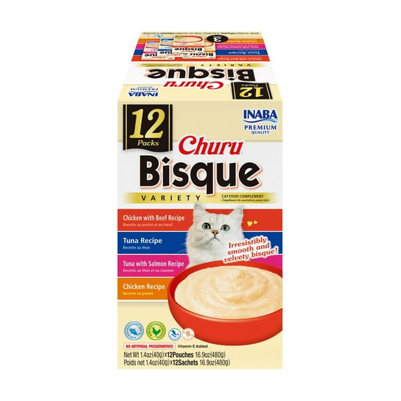 Inaba Churu Bisque Lickable Wet Cat Topper, 1.4 oz Pouch, 12 Pouches, Tuna & Chicken Var.