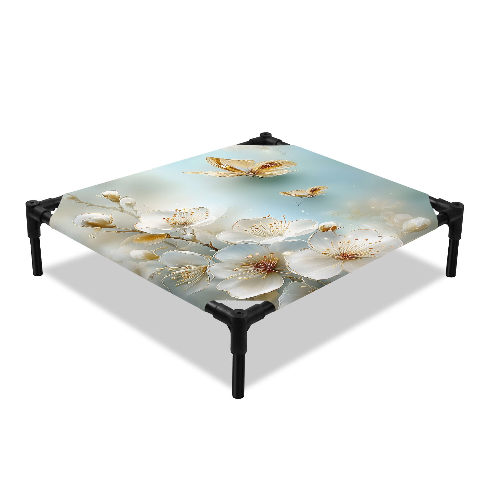 White Gold Flowers Elevated Dog Bed Country Pastoral Floral Blossoms Butterflies Cooling Breathable Outdoor Raised Dog Cot Bed with Metal Frame Non-Slip Feet for Small Dog 20x20in