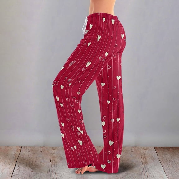 Women's Casual Fashion Comfort Pajama Pants, Print Drawstring Pants Full Length Long, Love Valentine's Day Pattern Lounge Pants,Hot Pink,3XL