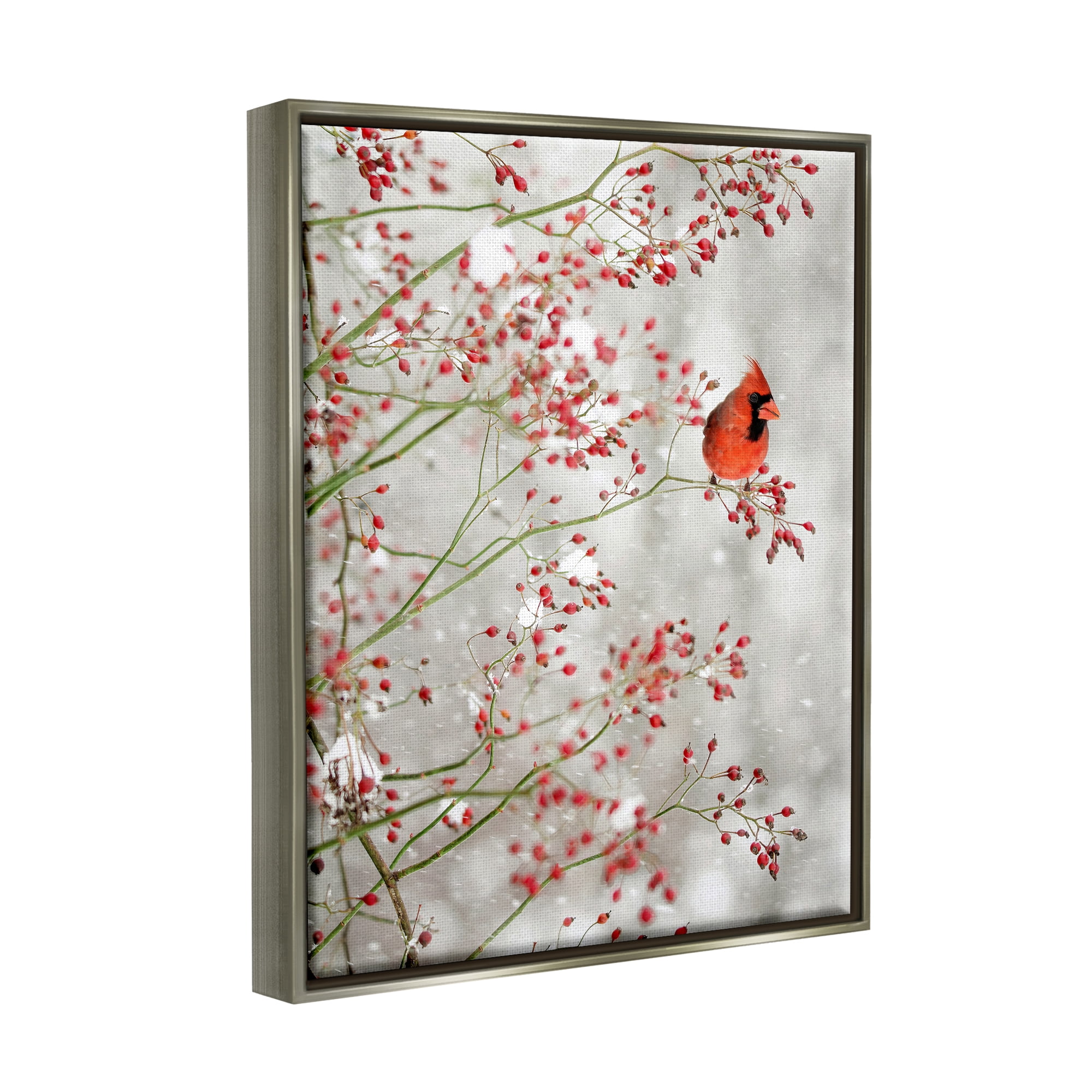 Stupell Industries Cardinal Seasonal Holly Berries Animals & Insects Photography Gray Floater Framed Art Print Wall Art, 25 x 31