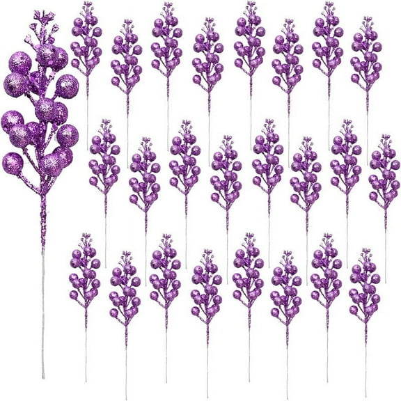 NAMZI 30Pcs Christmas Glitter Berries Stems Artificial Red Berry Branches Holly Picks Stems Christmas Tree Ornaments for DIY Xmas Wreath Crafts Gifts Holiday Home Decor (Purple)