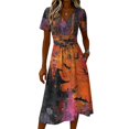 thumbnail image 4 of Womens Halloween Dresses Bat Witch Hat Short Sleeve Funny Sundress Pumpkin Ghost V Neck Horror Midi Dresses, L, 4 of 5