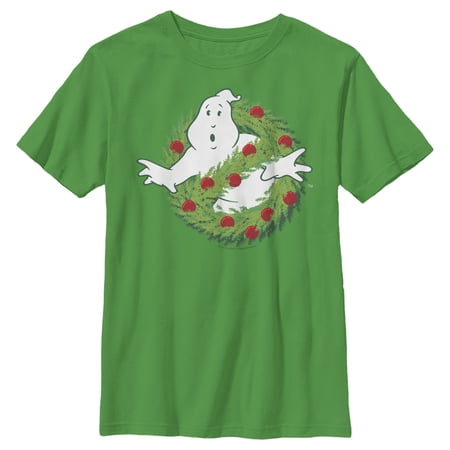 Boy s Ghostbusters Christmas Wreath Logo Graphic Tee Kelly Green Medium