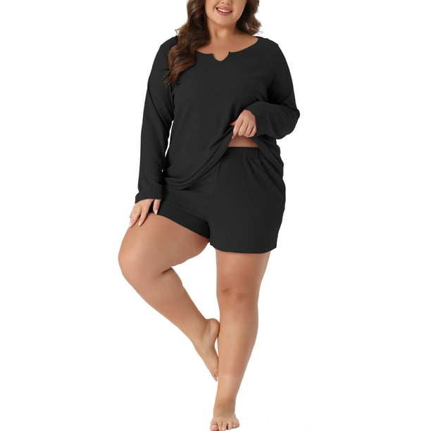 Ropa de descanso de talla grande para mujeres, conjunto de 2 piezas de waffle con mangas largas y pantalones cortos, color negro, talla 1X