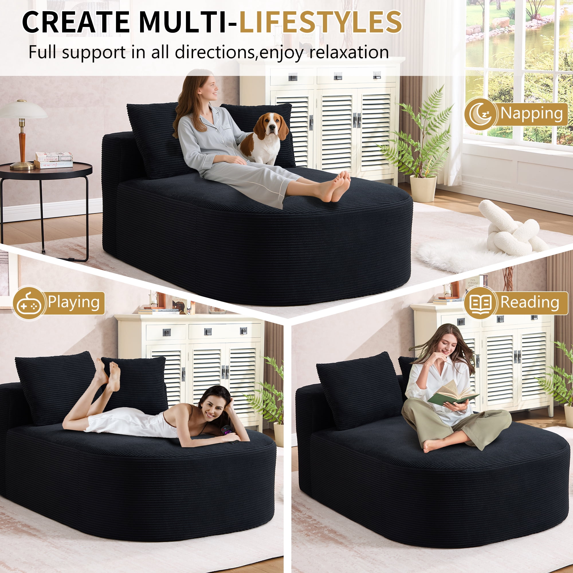 MOONMISS 67.5'' Oversized Corduroy Chaise Lounge with 2 Pillows,Deep Seat Boneless Sleeper Sofa,No Assembly Required