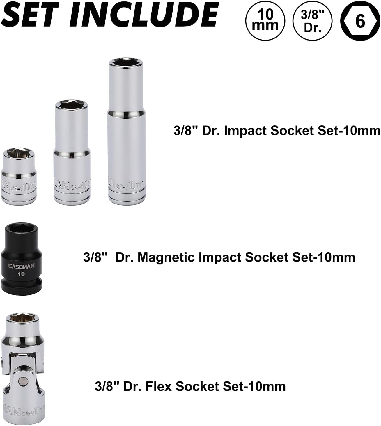 RGHJAR-10Pcs Impact Socket & Flex Socket Set, 1/4" & 3/8" Dr., 6-Point, 10mm, Metric, Include Magnetic impacet Socket, Storage Rail