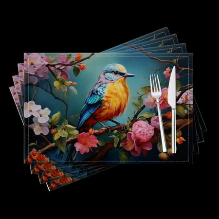 

BaHomeck placemats Set of 4 Colorful Bird Sitting On Branch With Flowers Cotton Linen rectangle Placemats for Kitchen Dining Table Indoor Outdoor 18*12inch