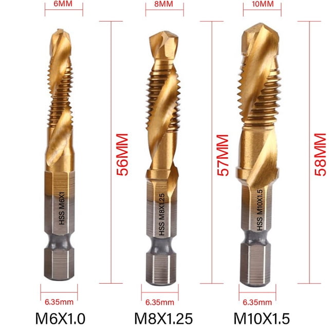 Juego de brocas de grifo, vástago hexagonal Chapado en titanio, tornillo HSS, broca de rosca, máquina de tornillo, grifo compuesto M3, M4, M5, M6, M8, M10, herramientas manuales nuevas