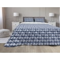 thumbnail image 1 of Navy Blue Comforter & Sham Bedding Set, Oriental Pattern in Patchwork Horizontal Design Eastern, 3 pcs Duvet Set Microfiber Filling Quilt, 5 Sizes, Pale Blue Dark Blue, by Ambesonne, 1 of 4