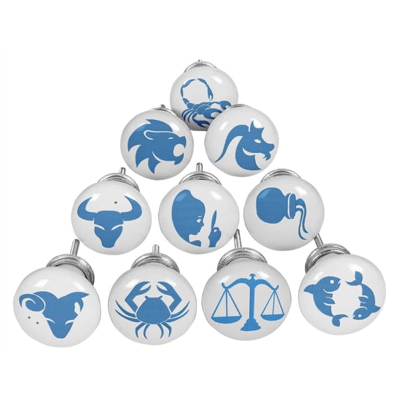 IBA Indianbeautifulart Medium Blue Multi Zodiac Sign Ceramic Drawer Door Knobs Cabinet Furniture Knobs Handle Pull