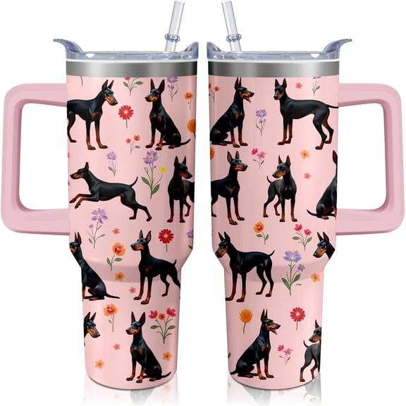 40oz Doberman Pinscher Tumbler with Handle and Straw, Cute Dog Stainless Steel Insulated Cup with Lid and Straw, Travel Coffee Mug Water Bottle, Birthday Mothers Day Gifts for Women Men Animal Lovers