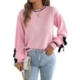 thumbnail image 3 of Women Knit Crew Neck Contrast Lantern Long Sleeve Pullover Sweater with Decorative Cuff Straps Pink S, 3 of 9