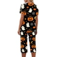thumbnail image 6 of Women's Halloween Pajama Set Short Sleeve V Neck Top and Cropped Pants Lightweight Breathable Lounge Outfit with Pumpkin Print Casual Sportswear for Daily Wear Yellow XL, 6 of 6