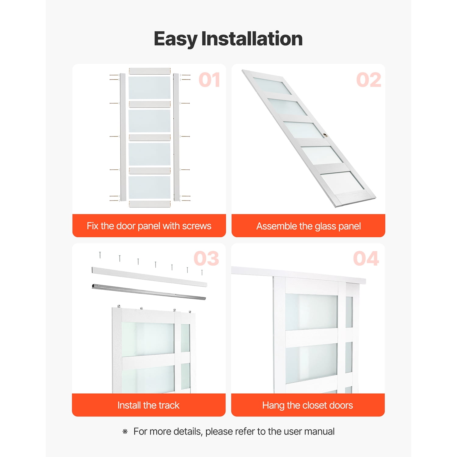 KFFKFF Sliding Closet Door, 48" (Double 25") x 80", Frosted Glass Bypass Doors with Hardware Kit & Floor Guide, Durable Wood and MDF Panels with Waterproof PVC Coating for Bedrooms and Closets