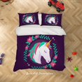 thumbnail image 1 of 3D Púrpura Oscuro Unicornio Floral Funda de edredón Set de Ropa de Cama Funda Nórdica, 1 of 3