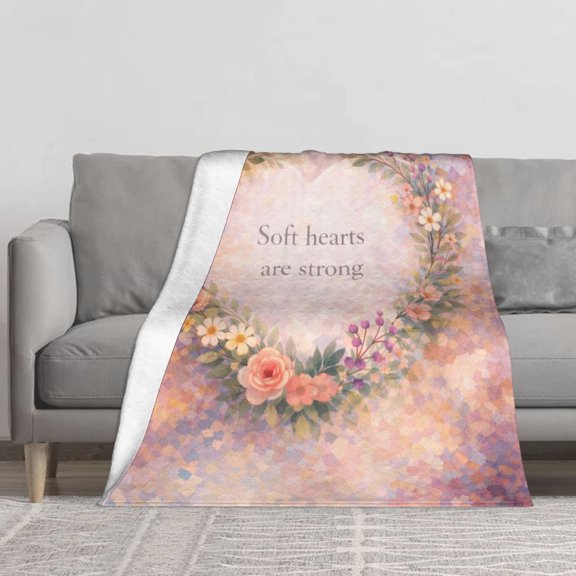 Soft Hearts Are Strong Floral Quote Flannel Throw Blanket Soft Blankets for Bed Sofa