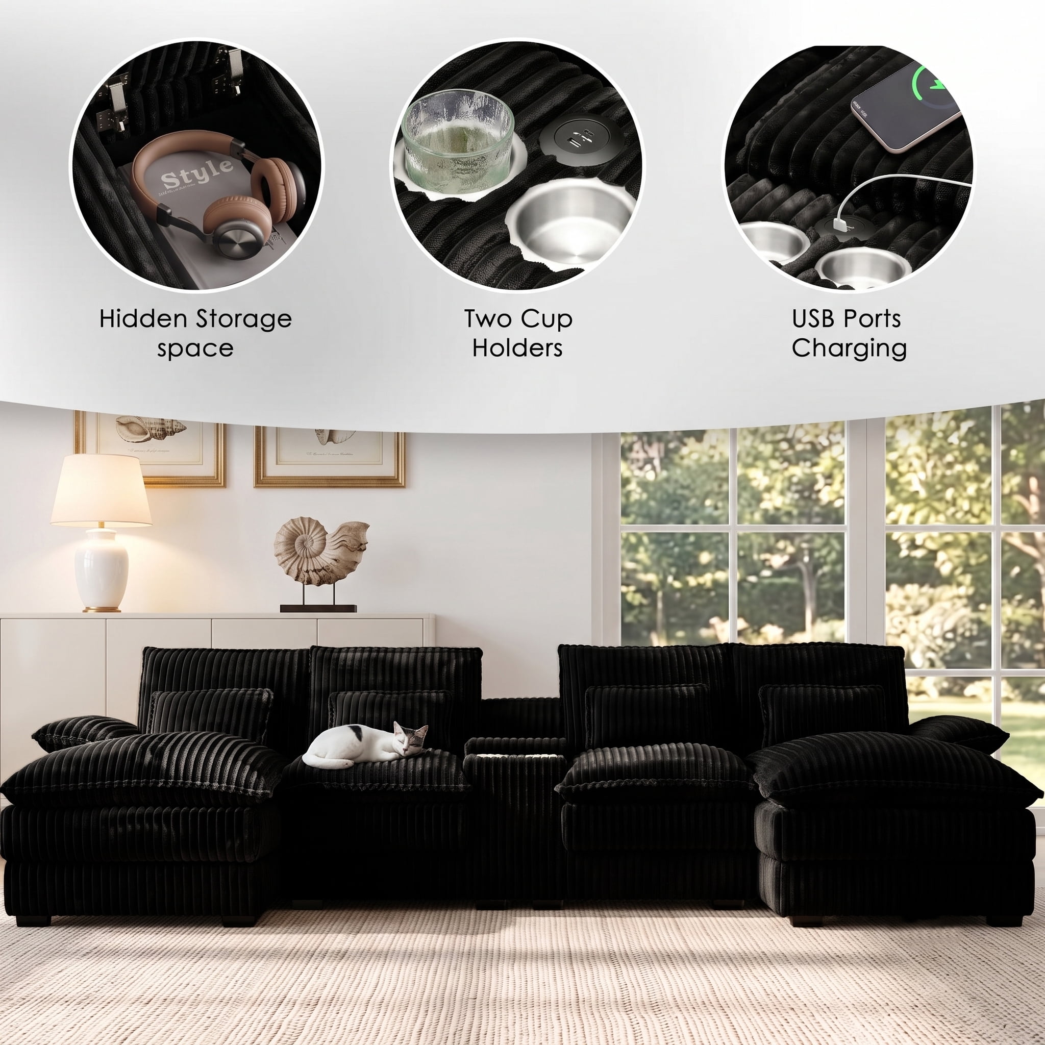 Avobird Oversided 124" U Shaped Cloud Couch Sectional, DeepSeat Sofa Bed with USB Charging, Hidden Storage, Cup Holders & Chenille Double Chaise, Black