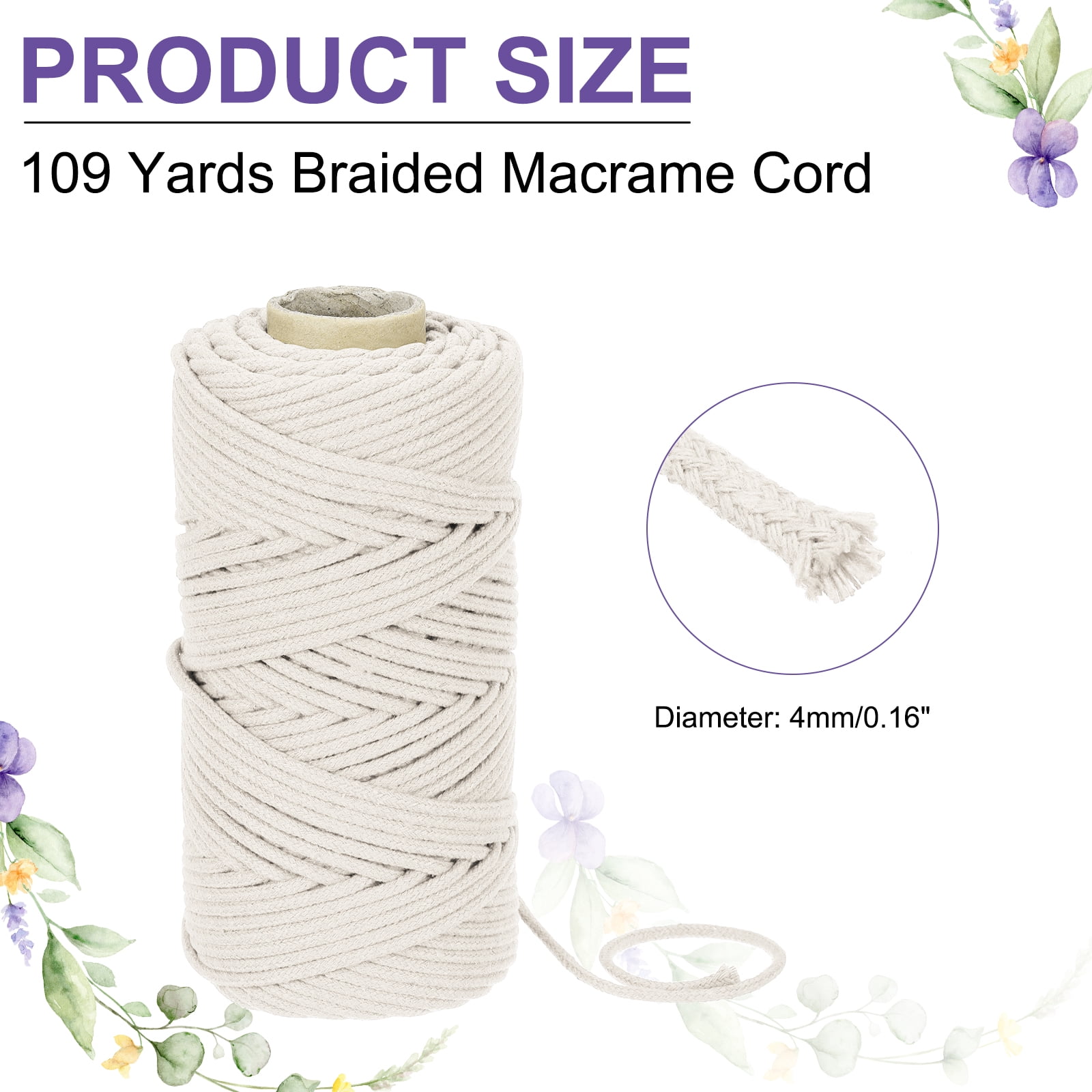 Braided Macrame Cord, 4mm x 109 Yards Natural Cotton Rope Macrame Yarn Bohemia Craft String with Scissors(Light White)