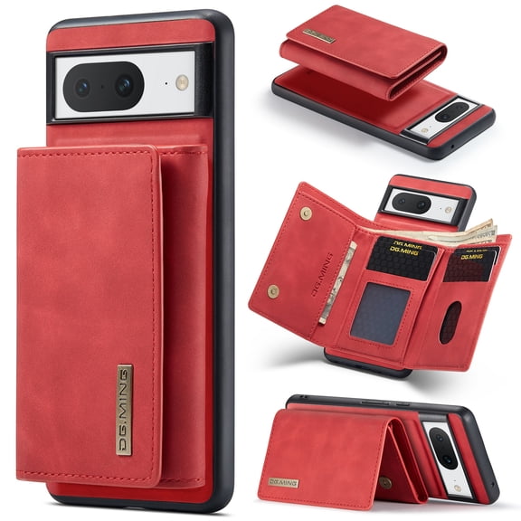 Compatible with Google Pixel 8A Removable 2 in 1 Wallet Case,Retro Premium PU Leather Cell Phone Back Cover Magnetic Detachable with Trifold Wallet Credit Card Cash Holder Kickstand Case,Red