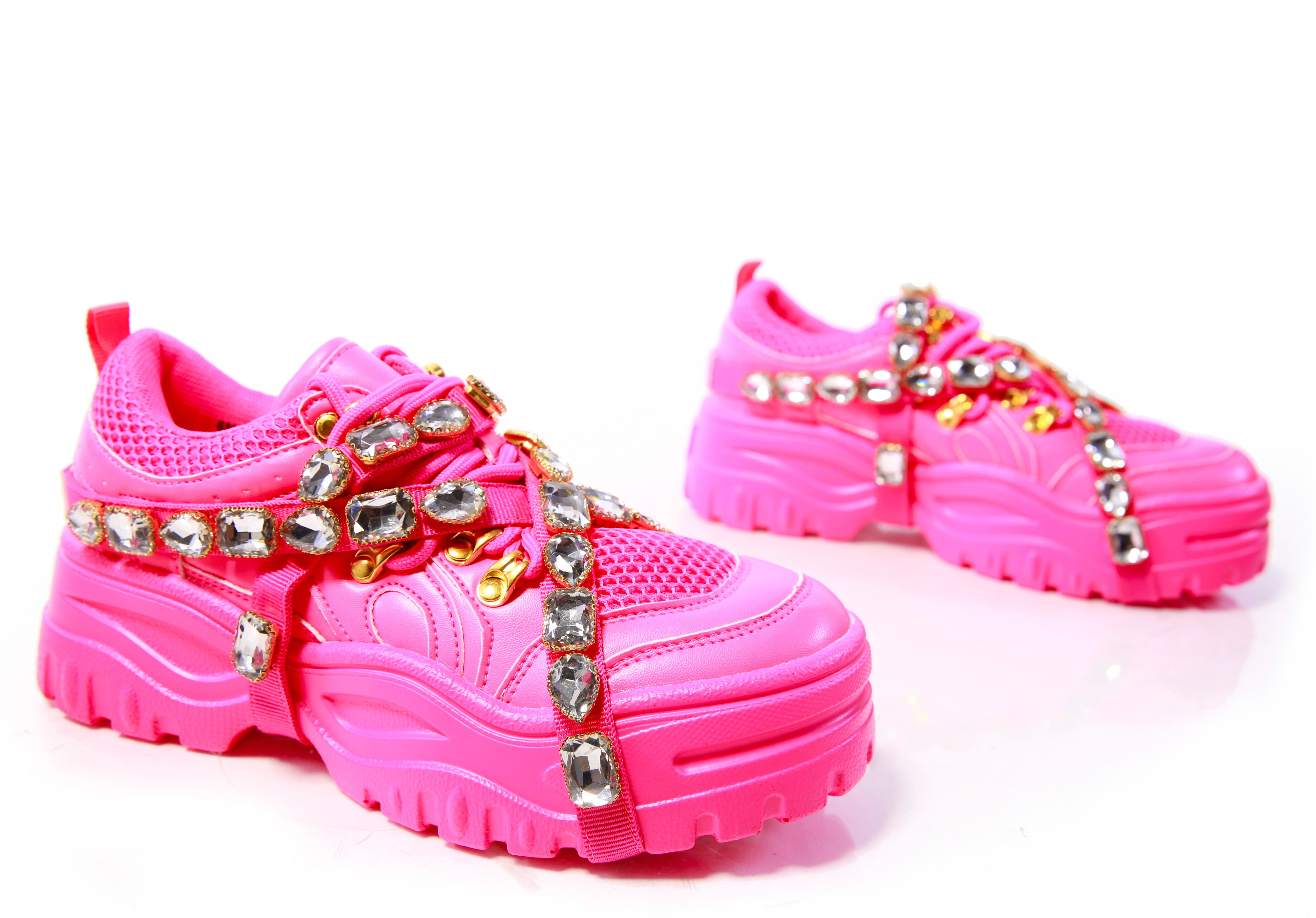 Cape Robbin CHUNK FEVER Pink Mesh Trim Jewel Straps Lug Sole Platform Sneaker