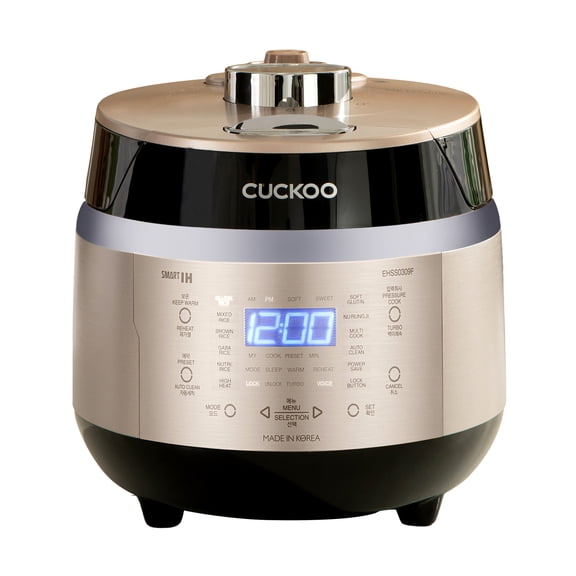 CUCKOO High Pressure Rice Cooker 3-Cup Uncooked / 6-Cup Cooked with Induction Heating Technology, Small Rice Maker with 16 Menu Options and Steam Plate, Voice Guide, Gold (CRP-EHSS0309F)