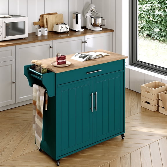 Pingliang Home 35" Kitchen Pantry Cabinet Kitchen Island with Storage,Wood Top Cart with Wheels,Fits for Home Coffee Bar