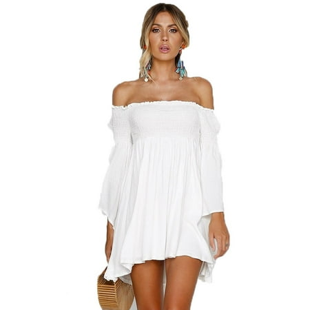 Women New Fashion Low Cut Top Word Collar Lace Strapless Dress Elegant Evening Party Dress