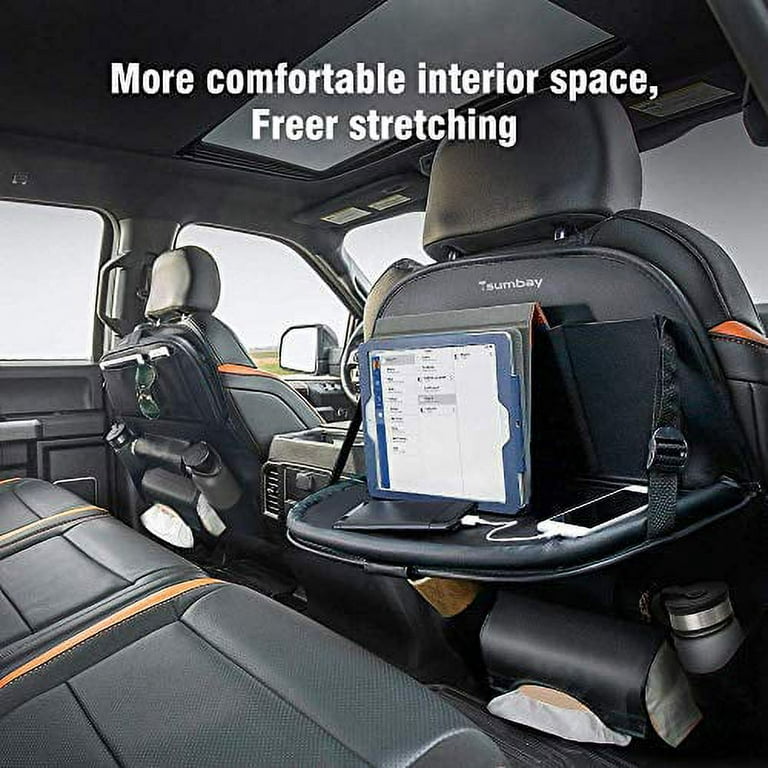 Tsumbay Car Backseat Organizer with Tablet Holder，9 Storage Pockets PU  Leather Foldable Table Tray Seat Back Protectors Kick Mats Travel