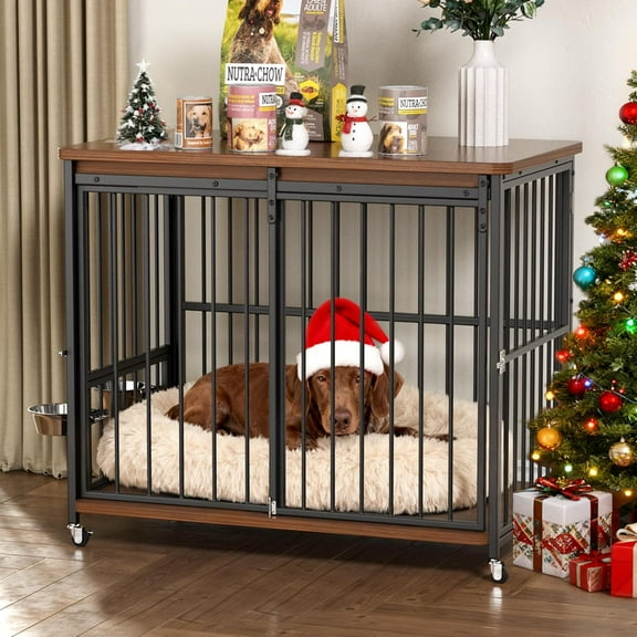 Cofiyard Dog Crate Furniture, 41" Wooden Dog Kennel Indoor with Sliding Front Door, Multi-Side Openings & Feeding Window Pet Cage House, Brown End Table, M