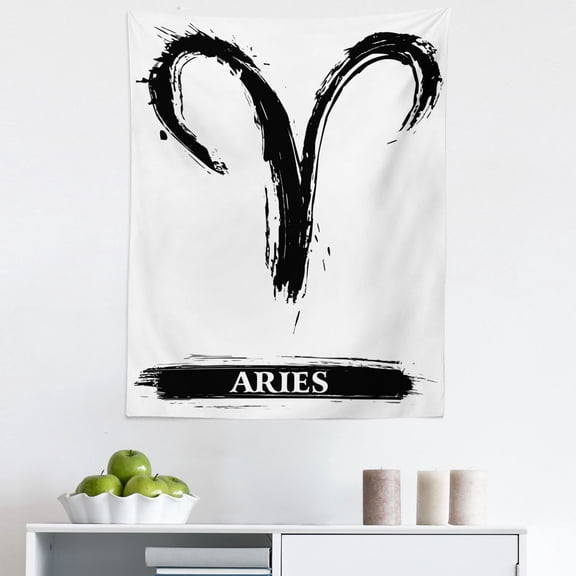 Zodiac Tapestry, Aries Astrology Sign with Grunge Illustration Elements Character Venus, Fabric Wall Hanging Decor for Bedroom Living Room Dorm, 5 Sizes, White Black, by Ambesonne