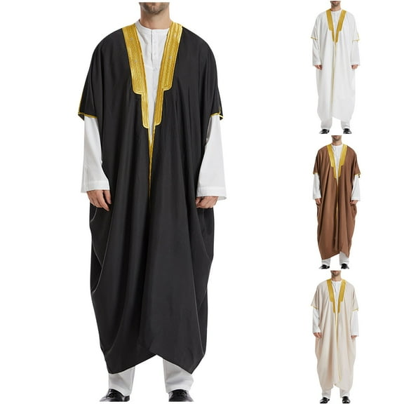 safuny Cotton Islamic Thobe for Men Fashion Solid Color Henley Shirts Fall Long Sleeve Long Gown Thobe Stand Collar Kaftan Muslim Long Robe Pockets Workout Beige L