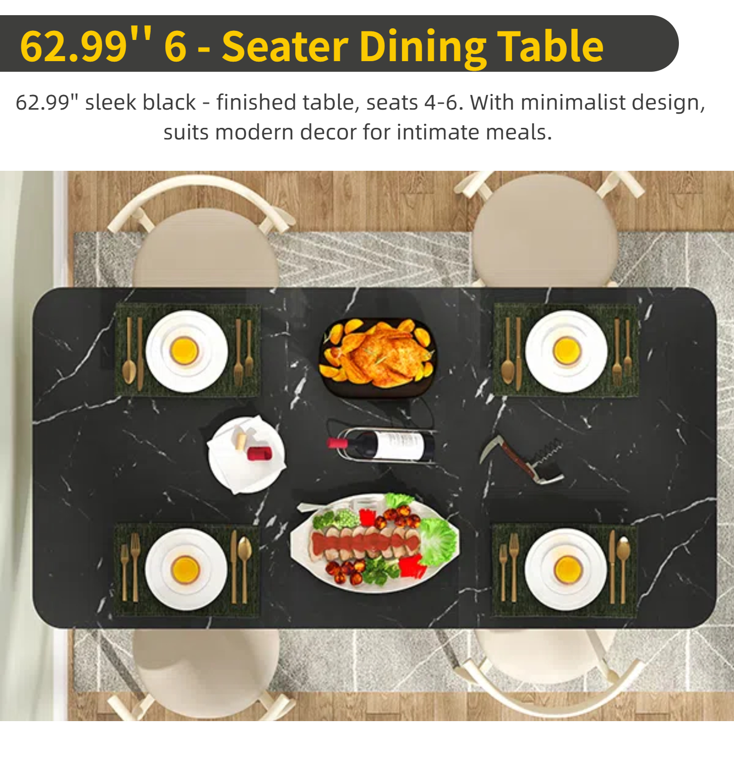 Fnova 63" Modern Long Dining Table for 6 people, Rectangular Faux Marble Kitchen Table with Metal Legsfor Dining Room, Black Gold