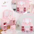 thumbnail image 3 of COZONY Kids Vanity Table, Tri-Folding Mirror and Makeup Dressing Chair Set, 3 Drawers and 4 Cabinets, Wooden Makeup Playset, Ideal Princess Gift for Ages 4-9 Girls, Pink, 3 of 8