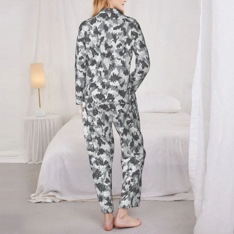 Pajamas for Women Set Camouflage Grey Soft Comfy Long Sleeve Button Up Pajama Sets for Women 2 Piece Sleepwear Nightwear Pjs Lounge Sets for Women with Pockets Walmart