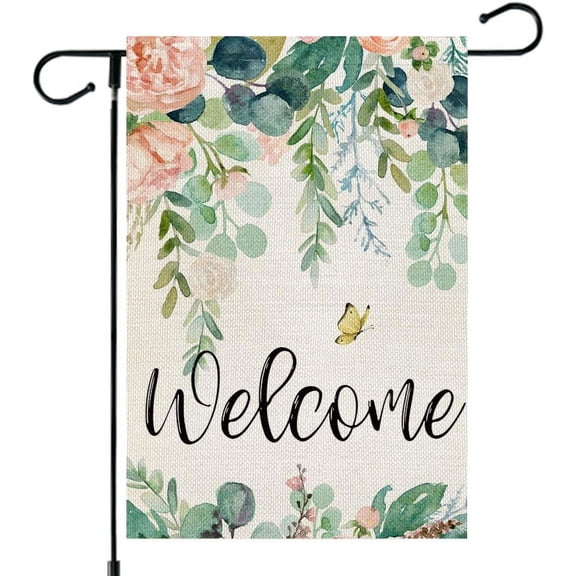 Shmbada Spring Welcome Garden Flag Floral 12x18 Inch Double Sided for Outside Small Welcome Burlap Seasonal Yard Flag