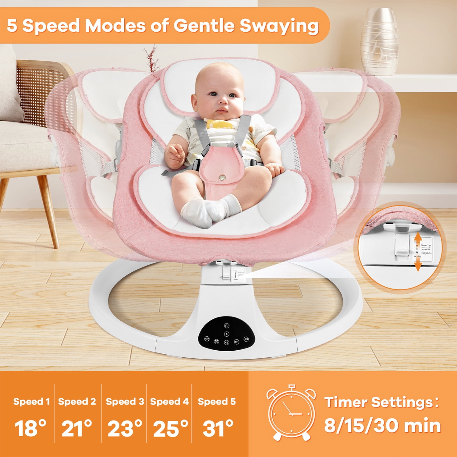 Baby Swing for Infants, Unisex Baby Bouncer, Bluetooth Music for 0-18 months, 5 Sway Speeds, 10 Lullabies for All Seasons,Pink