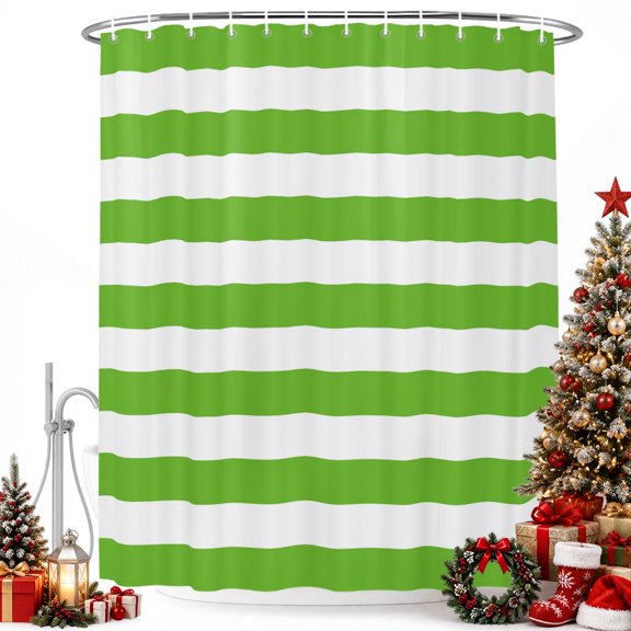 Green White Geometric Striped Shower Curtain for Bathroom, Spring Season Waterproof Shower Curtains Washable Quick Dry with Hooks Bathtub Curtains 36x72IN