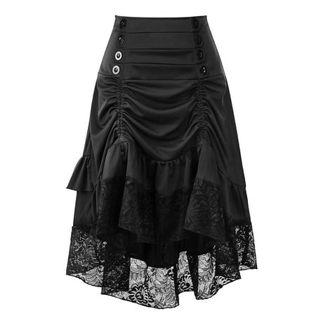 Herrnalise Women s Basic Versatile Stretchy Flared Casual Mini Skater Skirt Ladies Autumn And Winter Retro Stitching Lace Bag Hip Button Skirt BK/M