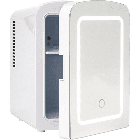 Mini Refrigerator and Personal Beauty Fridge, Mirrored Door with Dimmable LED Light, Thermoelectric Cooling and Warming Function for All Cosmetics and Skincare Needs, 4-Liter, White