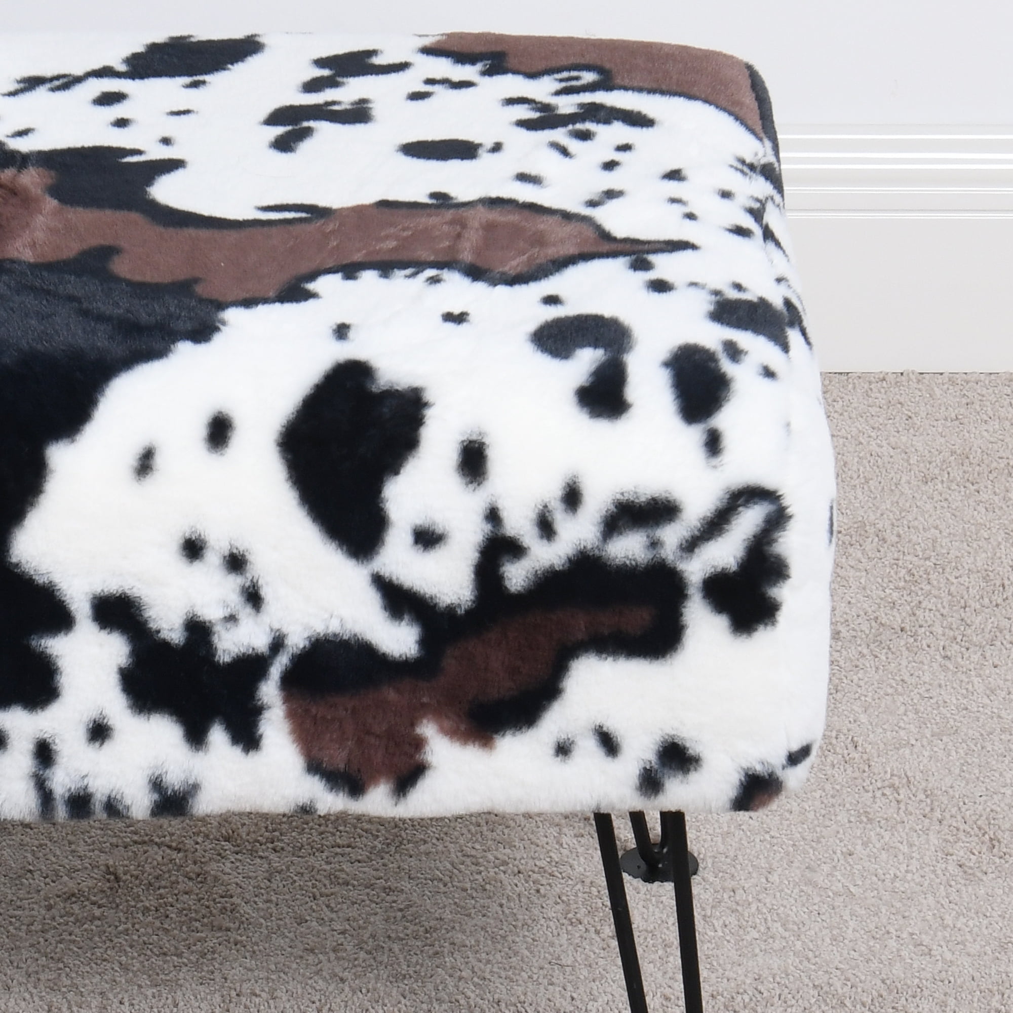 Home Soft Things Faux Fur Ottoman - Cows Flowers - Black Leg - 17x17x17"
