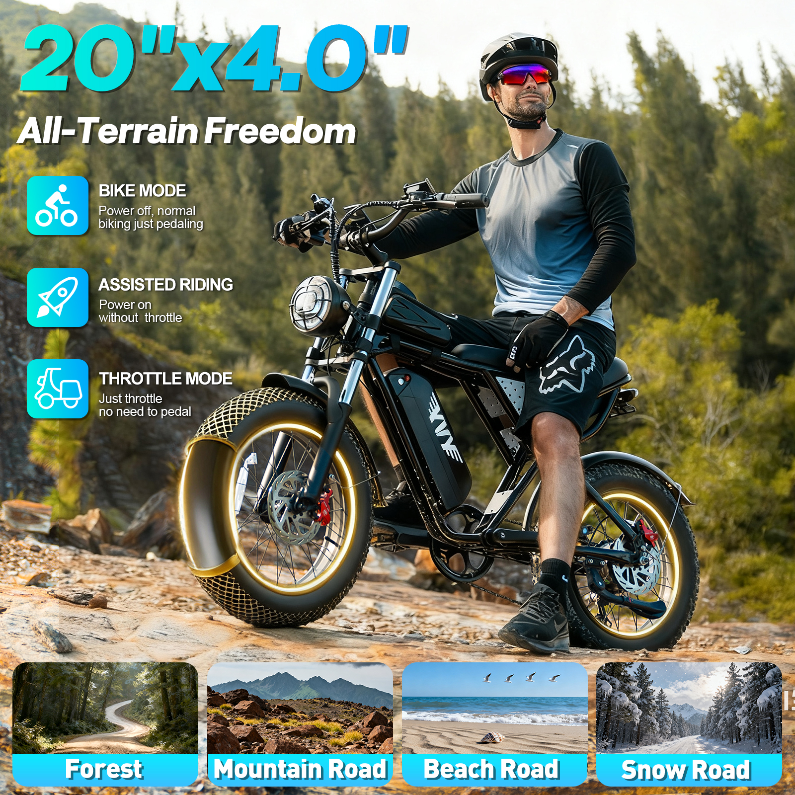 BopzinOff-Road Electric Bike for Adults 1500W, 28-35MPH (PAS Mode)., 48V 20Ah Removable Battery, 30-80 Miles Range, 20" Fat Tire Electric UL2849